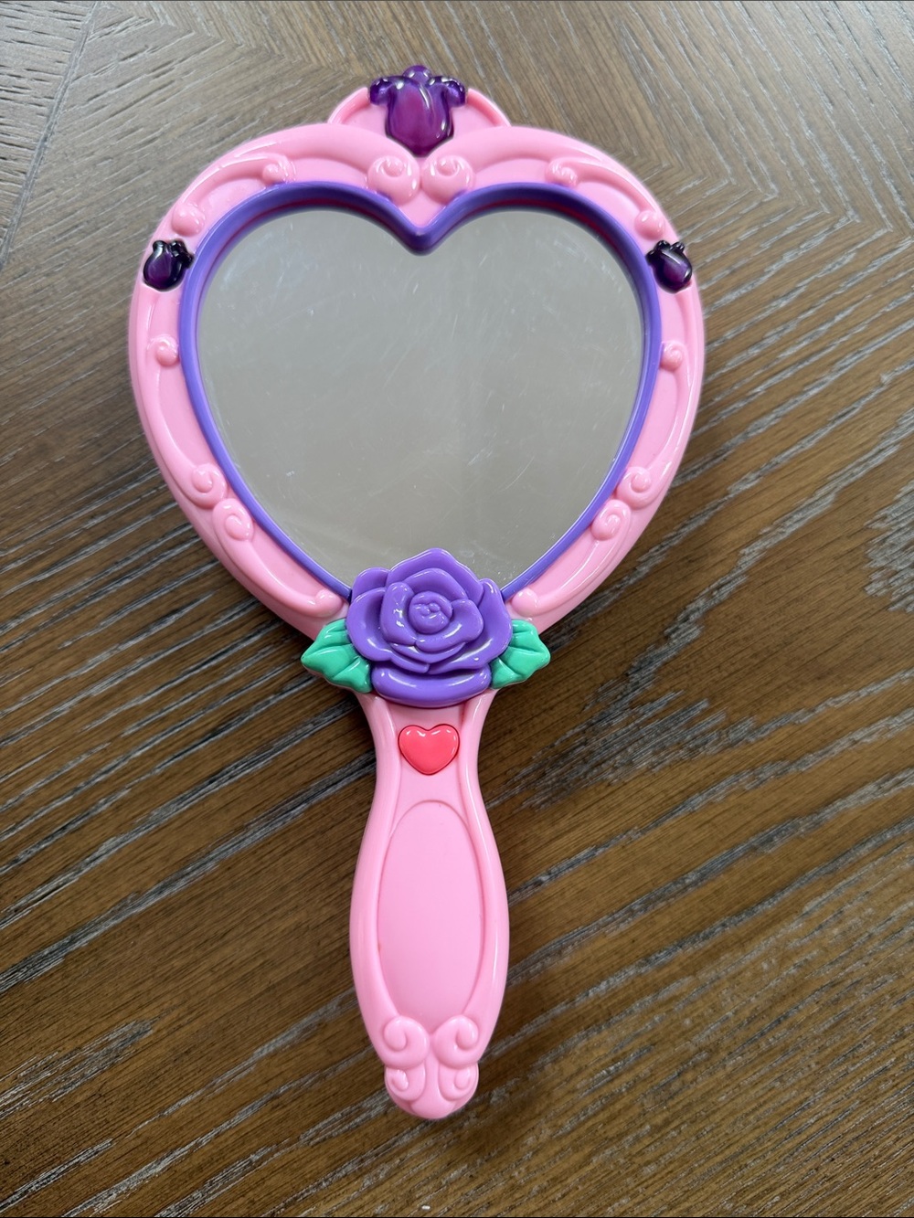 Pink Heart Hand Mirror with Purple Rose Accent for Kids
